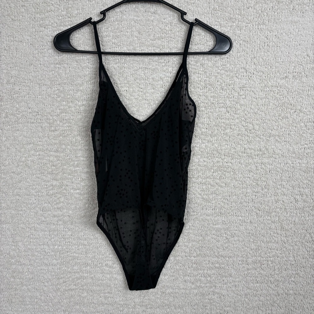 Colsie Bodysuit Womens S Black Semi Sheer Star Print Thong Pull On Sexy Layering